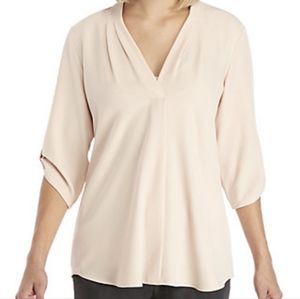 CALVIN KLEIN Womens Pink Pleated  Roll-tab Sleeve V Neck Blouse. Size L.